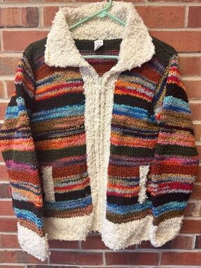 Colorful Striped Wool and Sherpa Zip Sweater